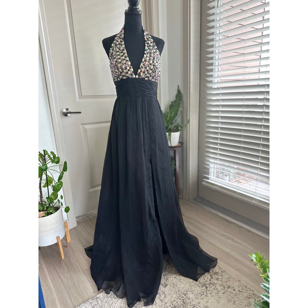 Alyce Paris Black Chiffon Open Back Beaded Halter Gown Sz. 8